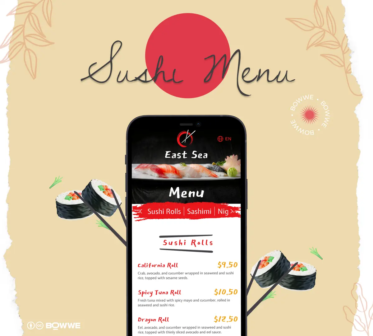 Mobile phone with menu template for sushi restaurant by BOWWE