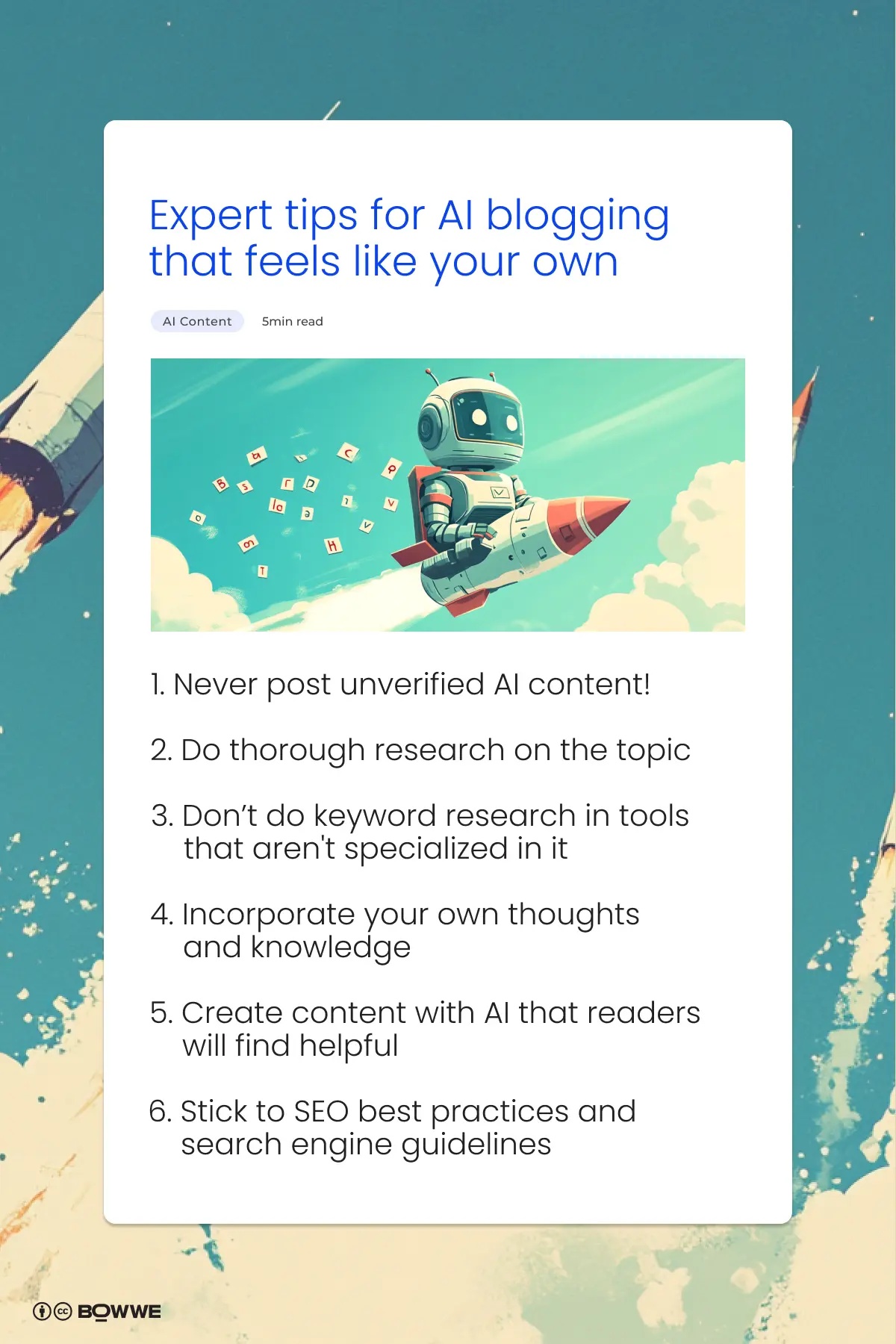 Infographic in blog article shape with tips for AI content humanization