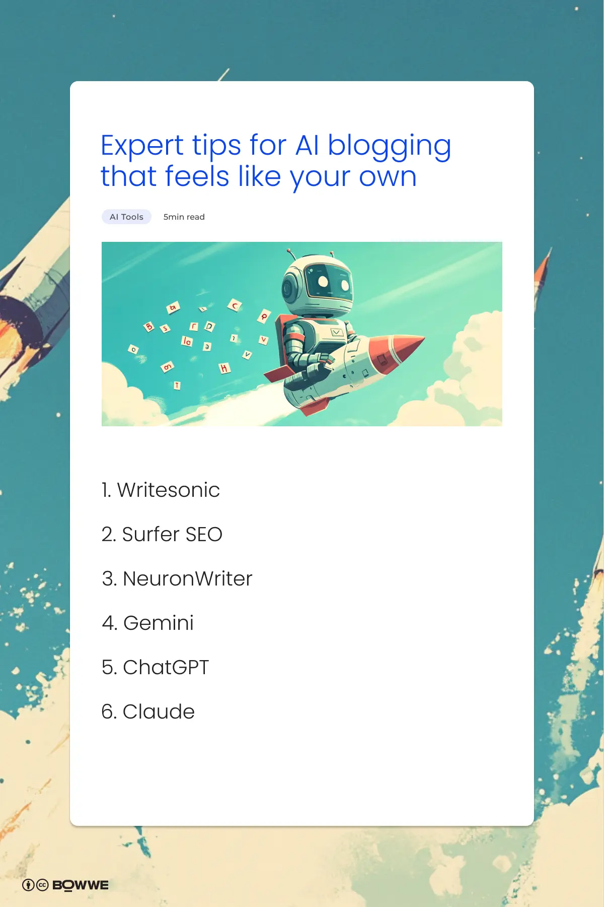 Infographic in blog article shape with list of AI blogging tools