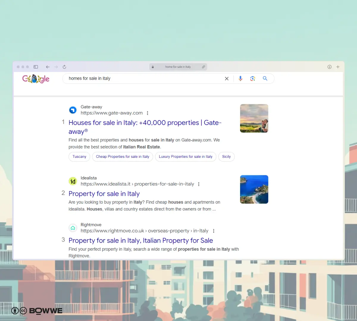 Screenshot of search results from Google for “homes for sale in Italy”