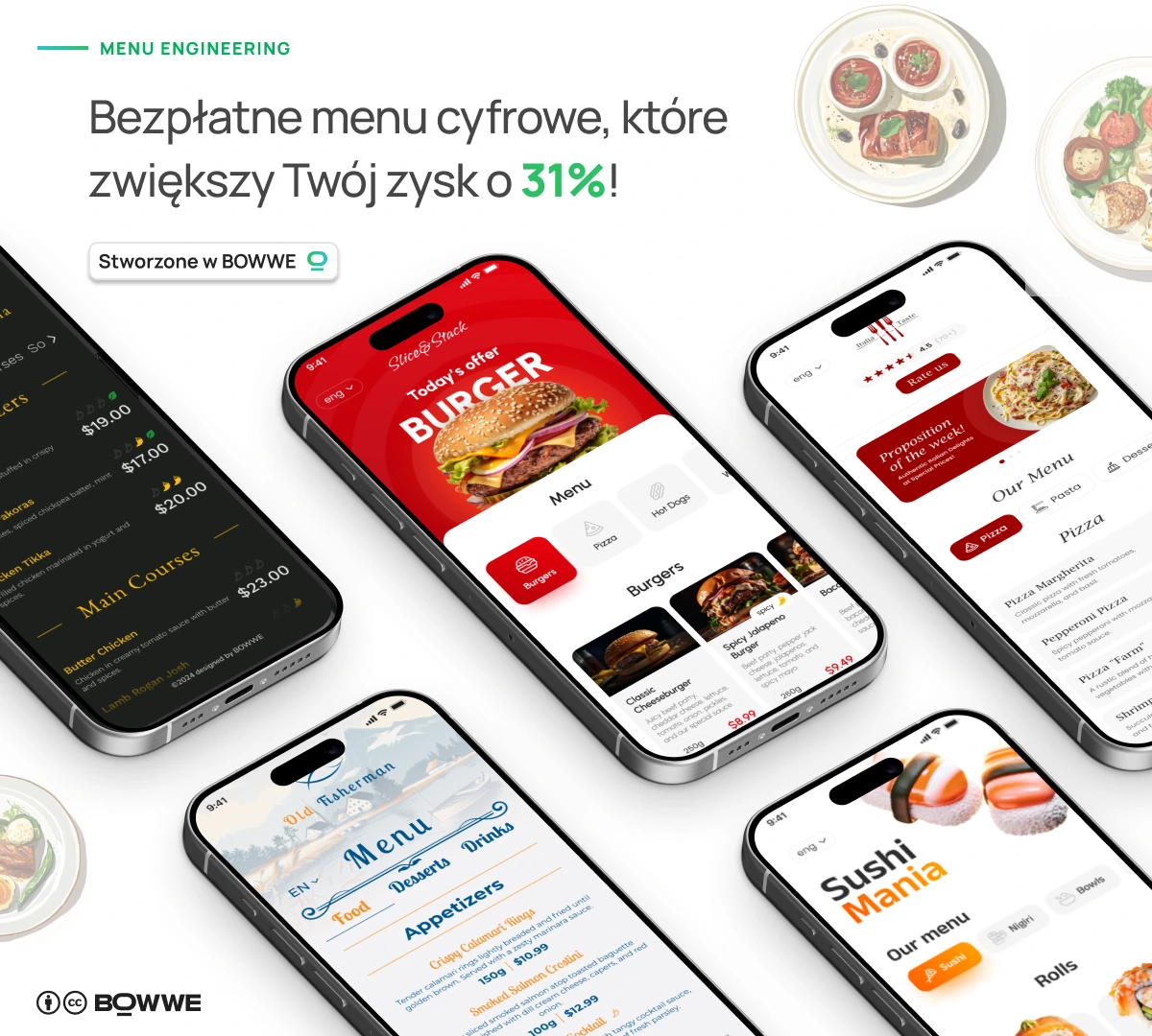 Szablony menu restauracji stworzone przez BOWWE i prezentowane na telefonach komórkowych