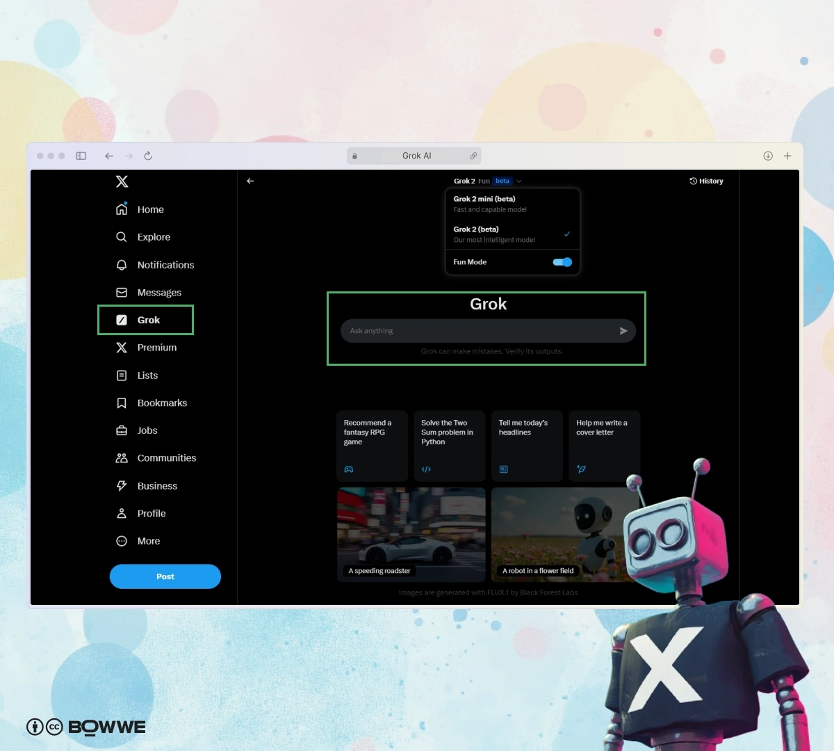 Screenshot of X dashboard with Grok access