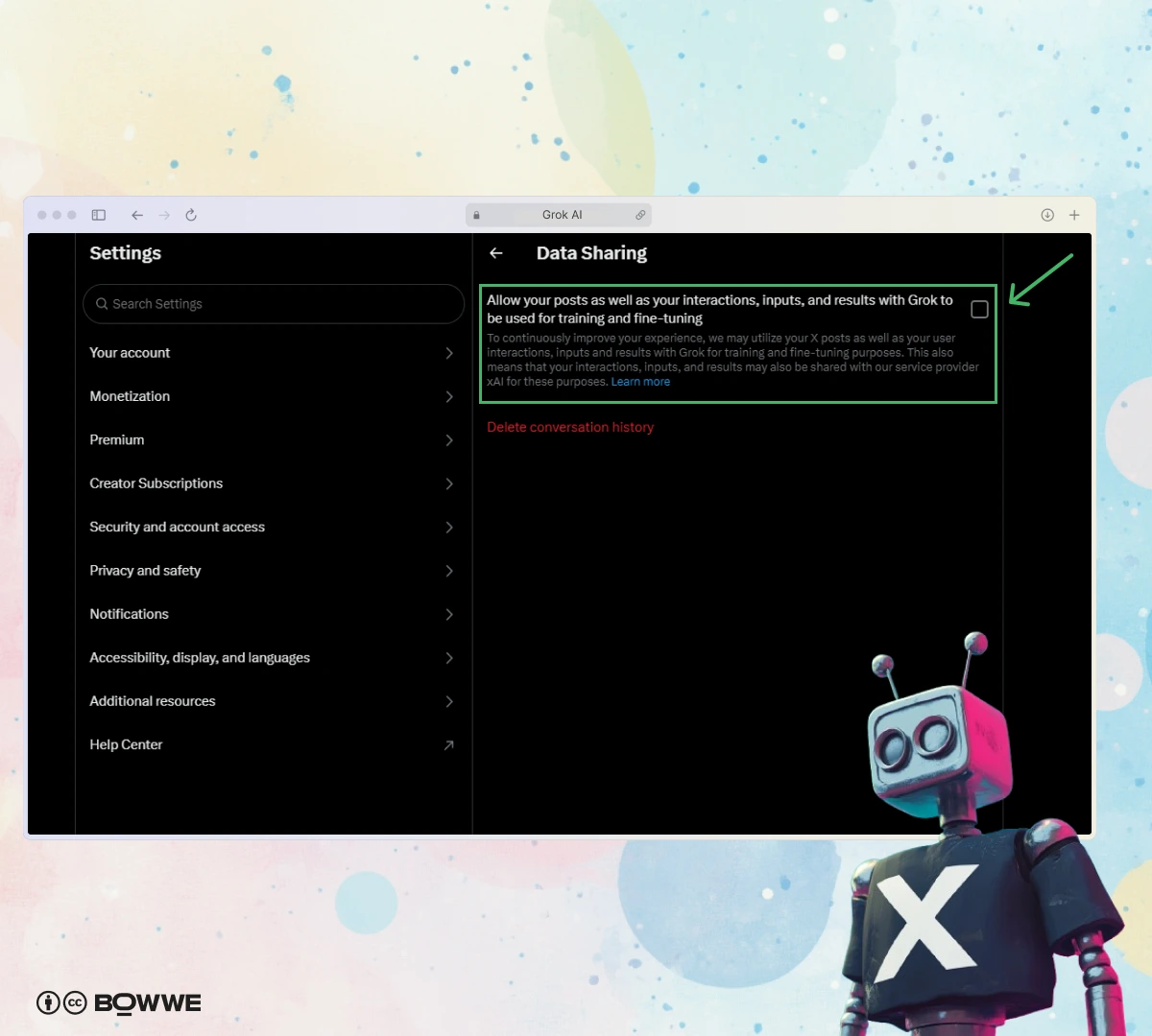 Captura de pantalla de la configuración en X sobre cómo desactivar el uso compartido de datos para Grok