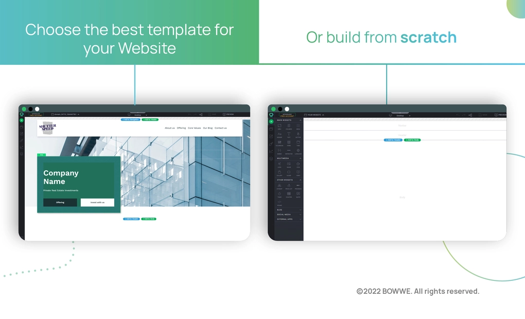 Visualização do construtor de sites com e sem template e com a legenda "Escolha o melhor template para o seu site" e "ou" Construa do zero"