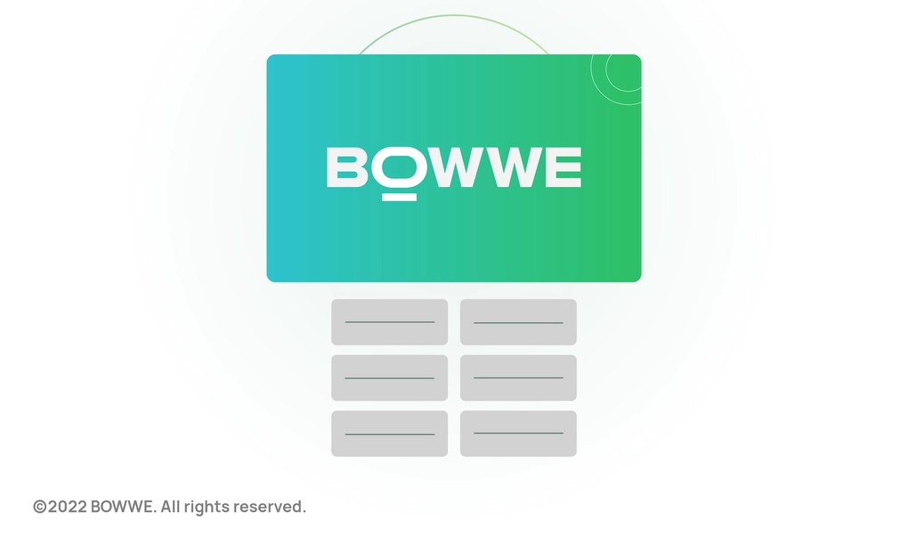 Logo BOWWE w niebiesko-zielonym prostokącie z zaokrąglonymi końcami. Poniżej znajdują się dwie kolumny szarych mniejszych prostokątów