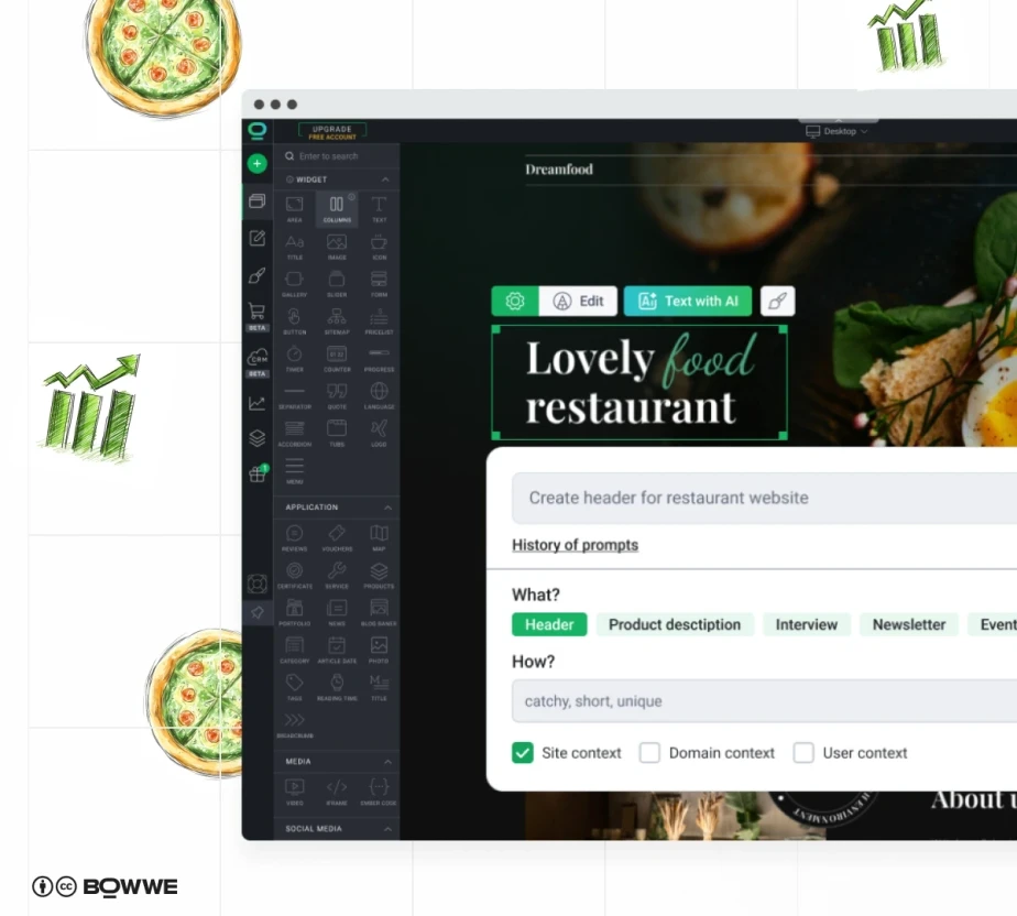 Скриншот создания контента на сайте ресторана в BOWWE с помощью AI Text Generator