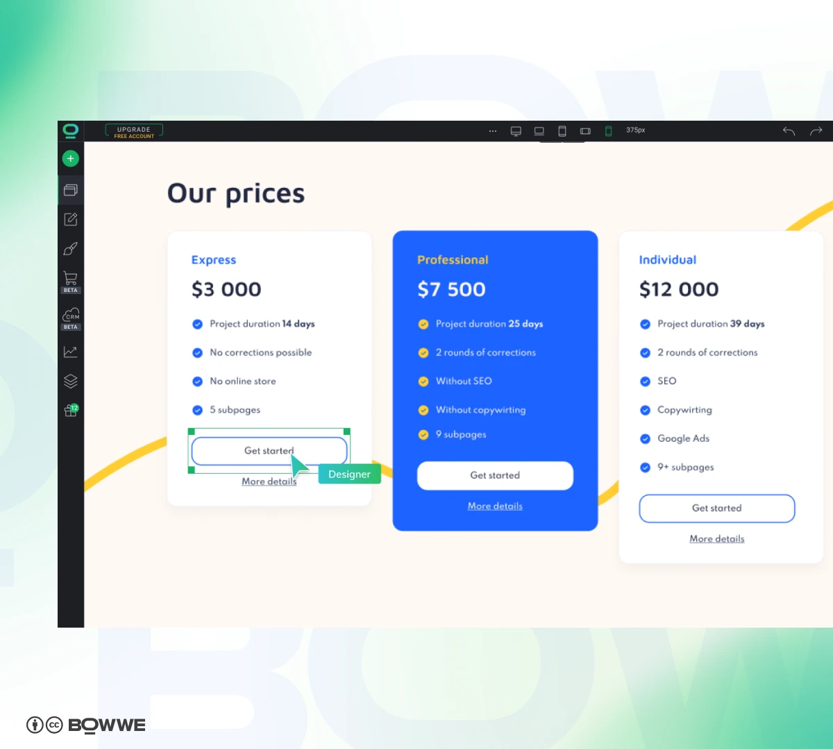 Creation of pricing on marketing agency website created in BOWWE Website Builder