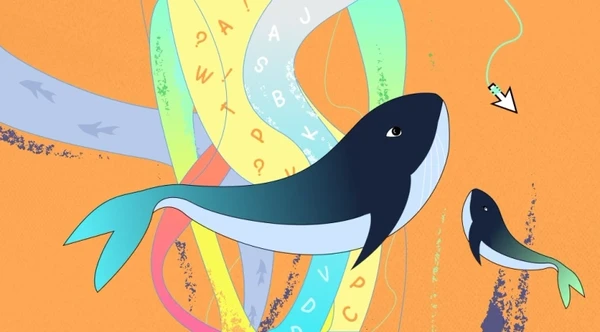 Whales in waves made of letters