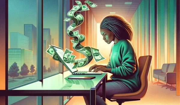 A woman creating a website on a computer that is making money