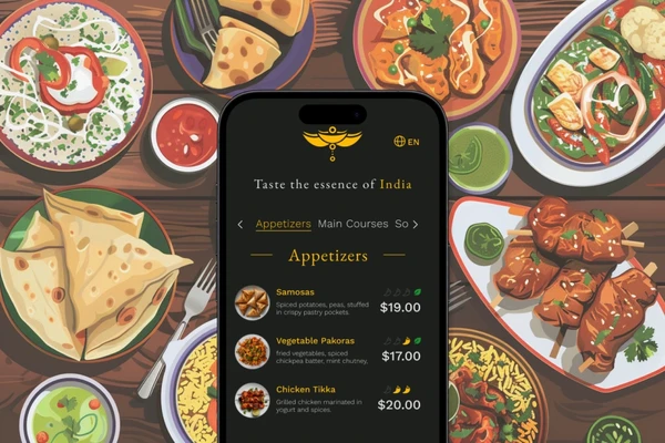 Digitales Restaurantmenü von BOWWE auf einem Handy vor dem Hintergrund mit indischen Gerichten