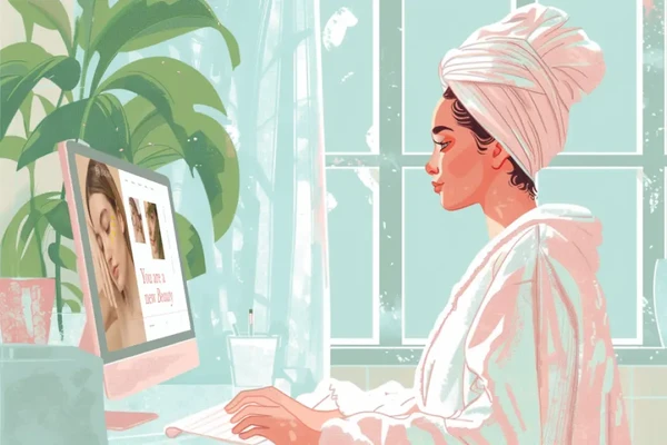 Une femme en peignoir et une serviette sur la tête navigue sur l'ordinateur avec le site Web ouvert du SPA