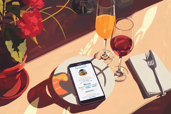 Telefon mit Online-Restaurantmenü auf einem Teller