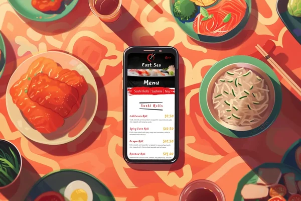 Telefono con modello di menu per ristorante di sushi su tavolo con cibo