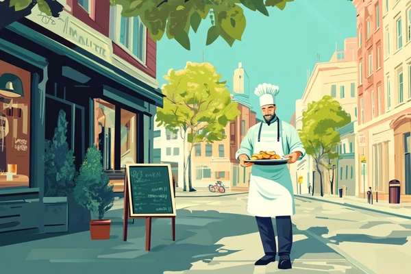 A chef standing in front of a restaurant with food on a tray