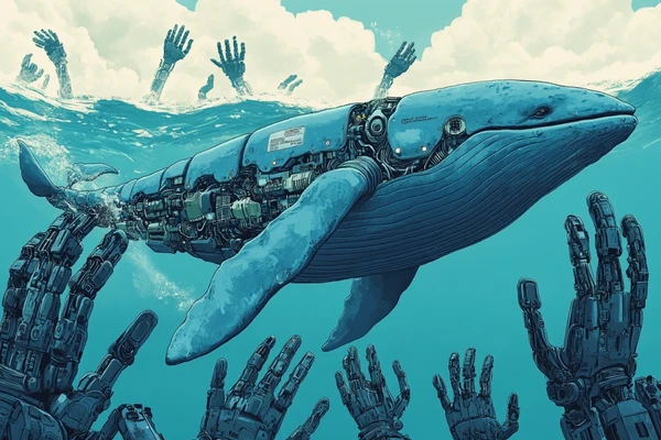 A mechanical whale swimming in the ocean where AI robots are.