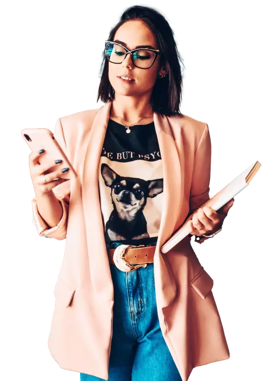 a girl in glasses holds a phone
