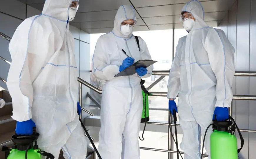 three workers in white protective suits