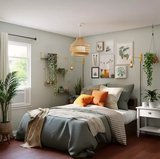 Bedroom with lots of plants and a high soft bed