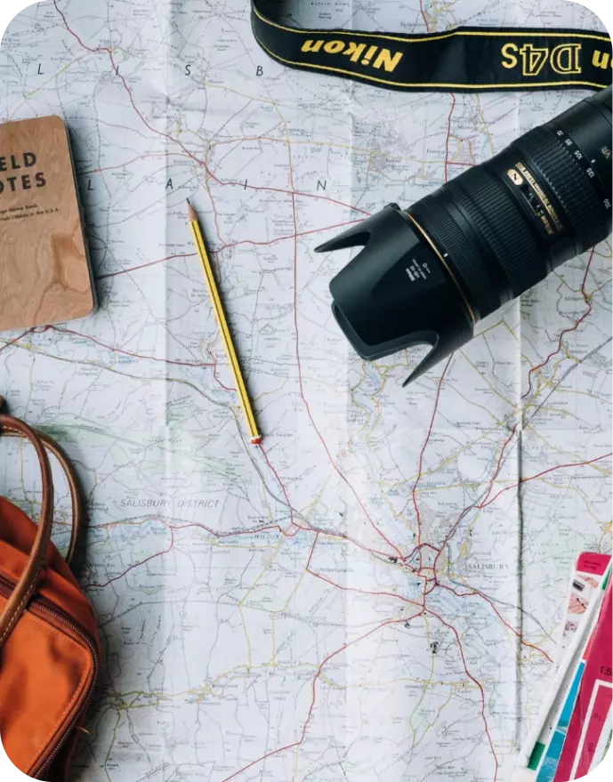 on the map are: a pencil, a camera, a bag and a note