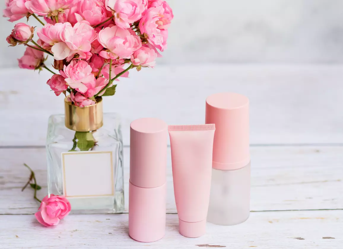 trois tubes de produits cosmétiques, sur fond de fleurs dans un vase
