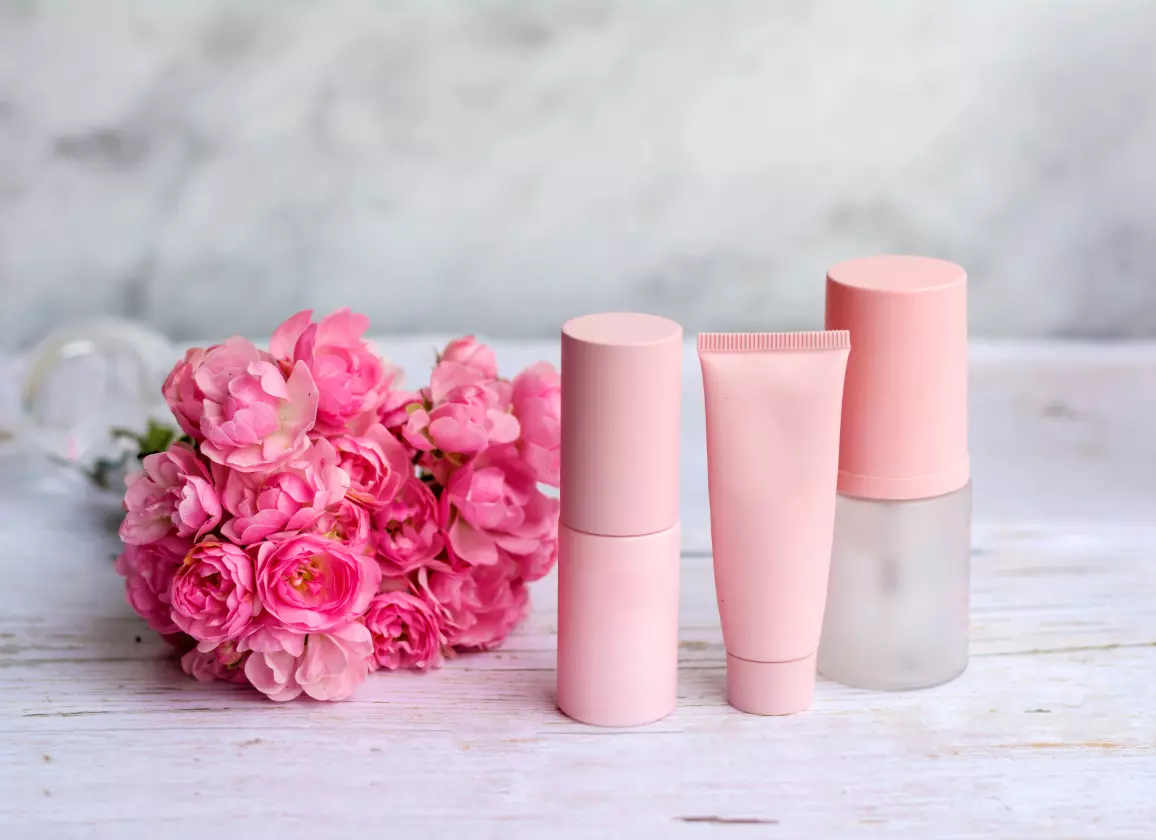 Tres tubos rosas de cosméticos, junto a un ramo de flores.