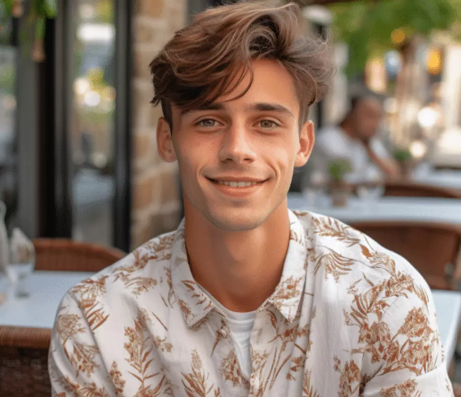 young smiling guy in a white shirt with exotic leaves