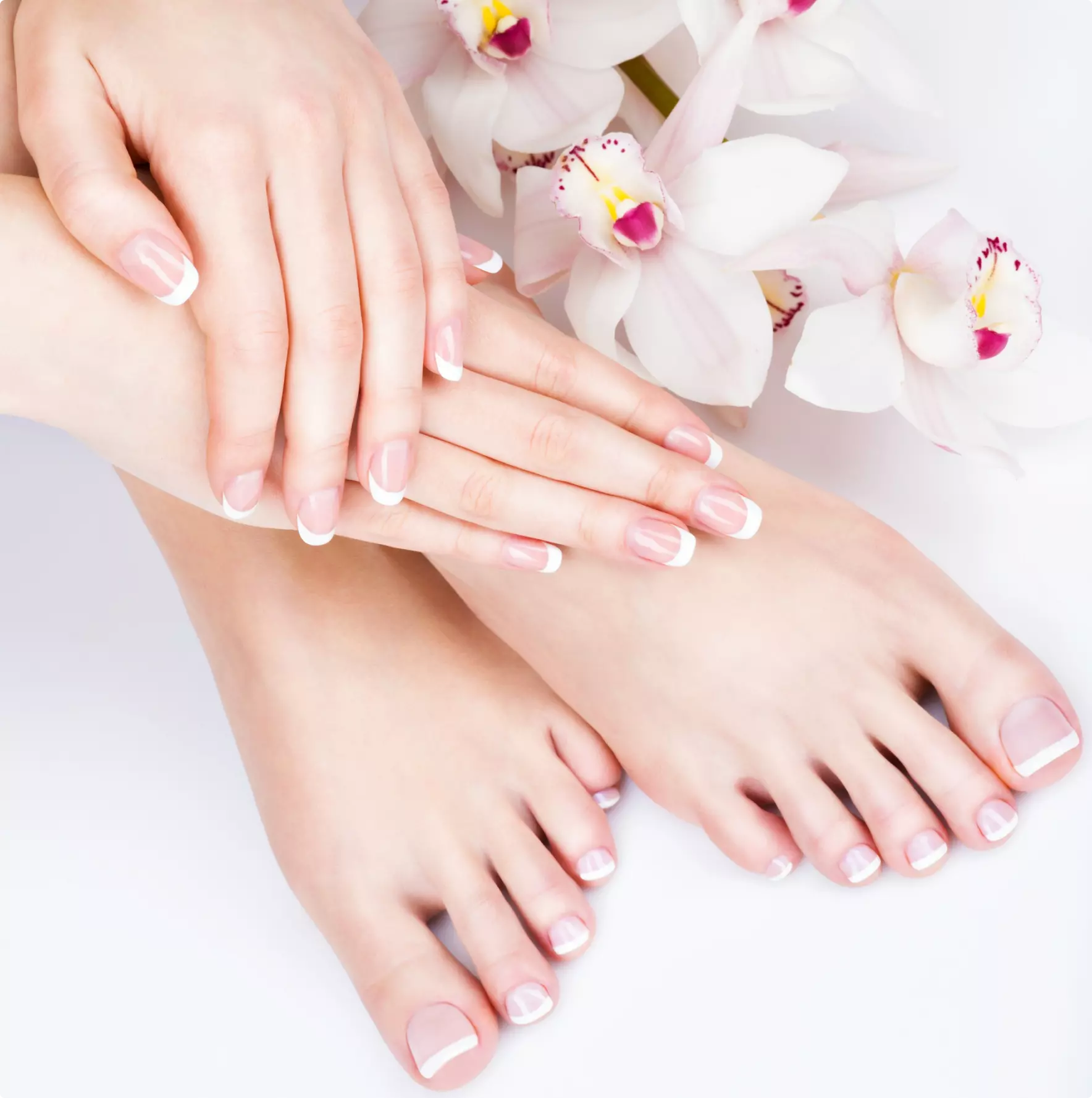 demonstrated the hands and feet of a girl with a neat manicure and pedicure