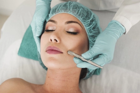 girl in a medical cap undergoing a facial cleansing procedure