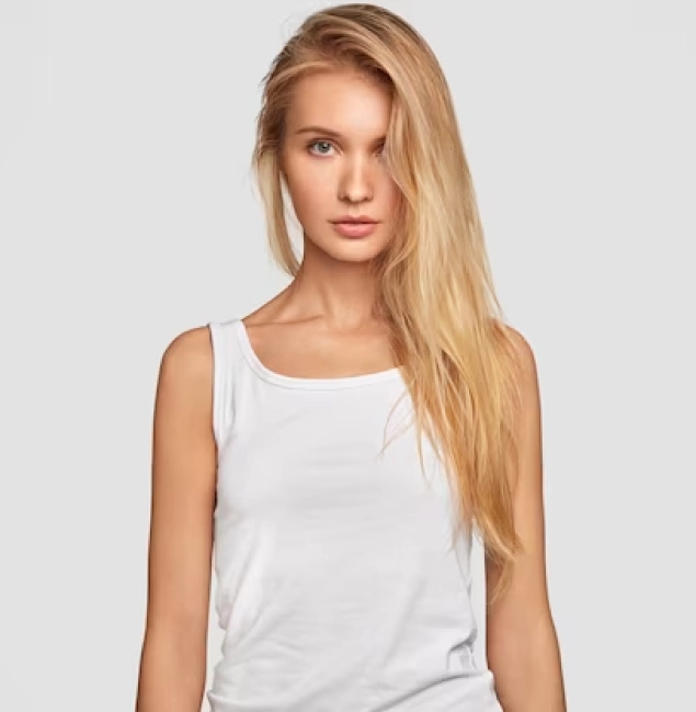 blonde with long hair in a white T-shirt