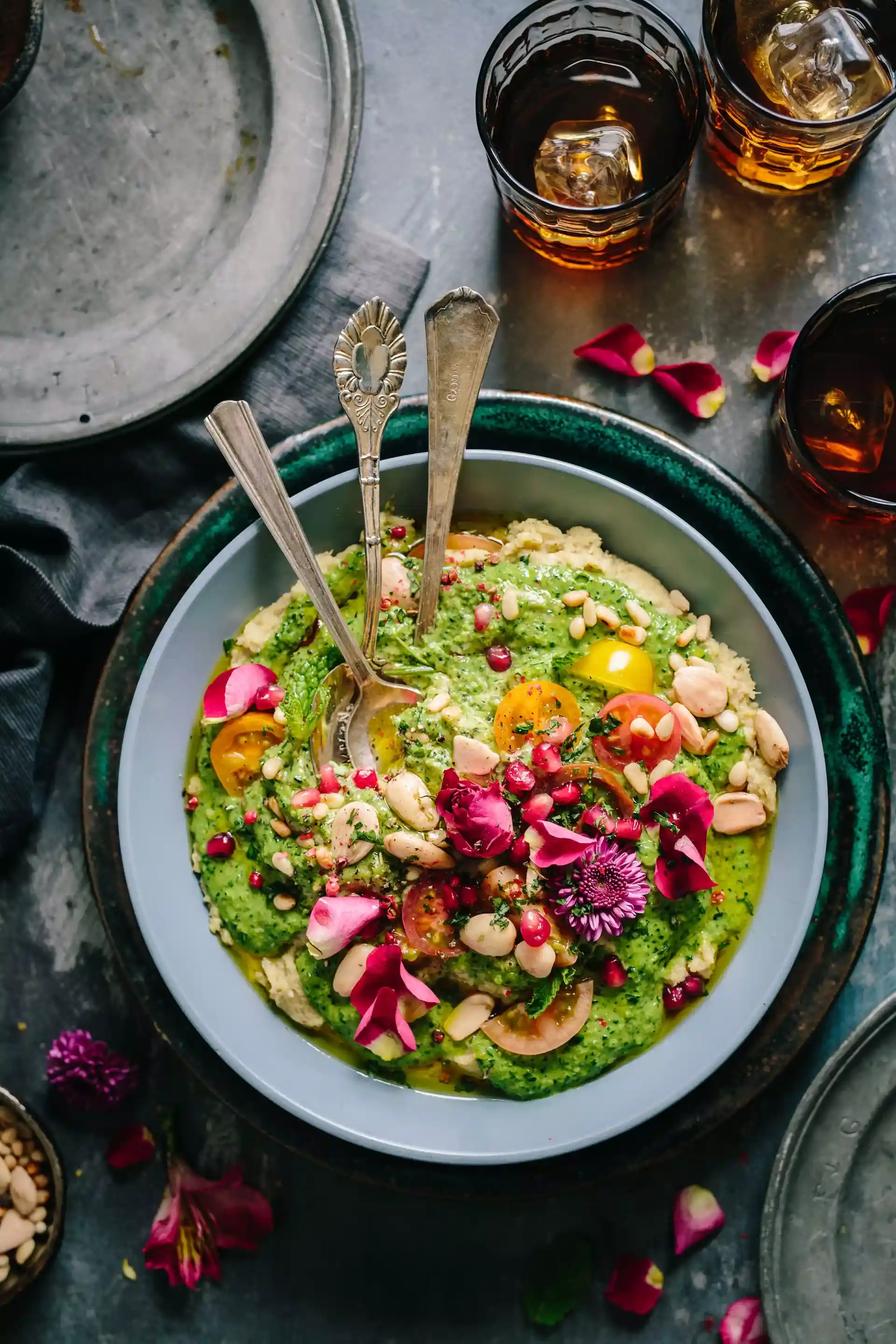 salad of vegetables and avacado decorated with flowers