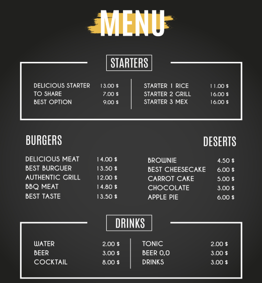 menu sheet with prices