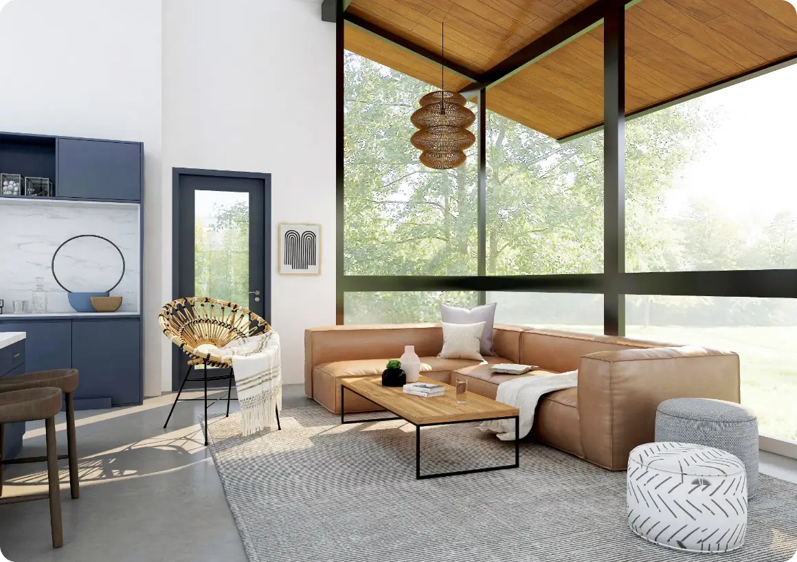 terrace with a huge floor-to-ceiling window, large sofa and armchairs