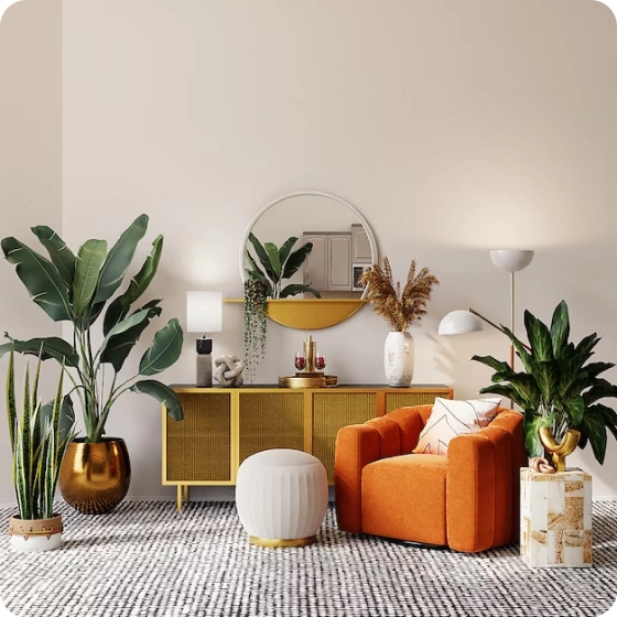 living room with an orange armchair and a lot of plants