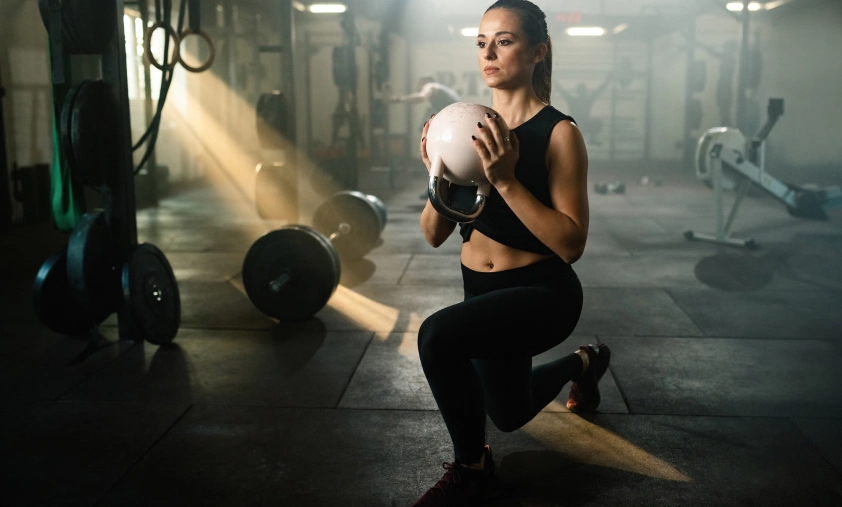 girl with a weight in her hands doing squats with lunges