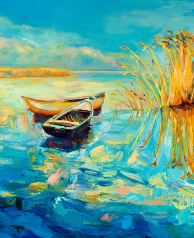 painting with a view of the lake on which there are two boats