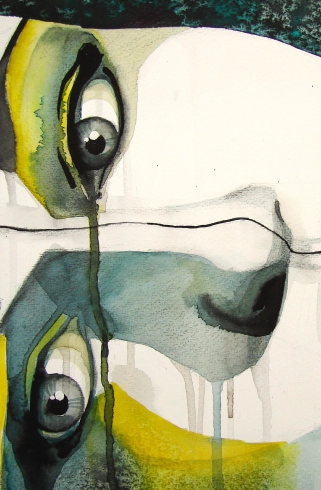 a painting depicting a woman's eyes with tears turned sideways