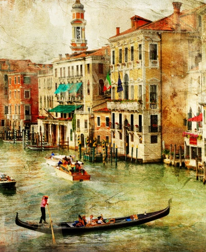 a painting depicting the Venetian streets along which gondolas float