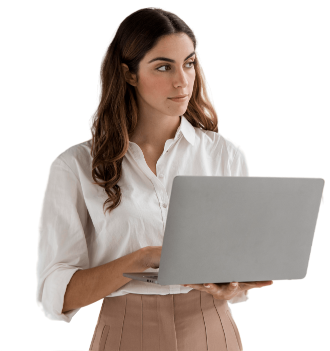 a tanned girl with long brown hair and a white shirt holds a laptop in her hands