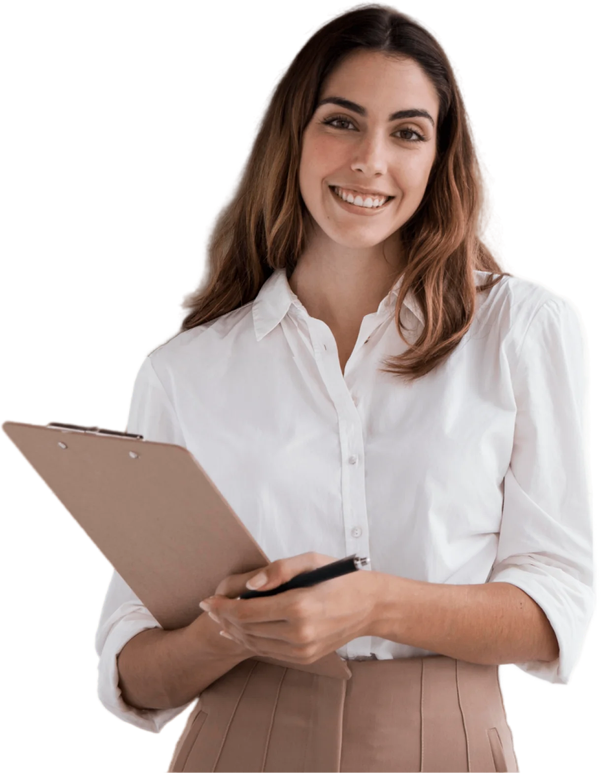 tanned girl with flowing brown hair in a white shirt with a tablet in her hands