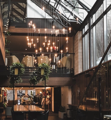 loft style restaurant room with glass ceiling