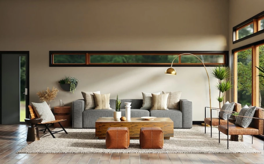 Living room with panoramic windows, a large gray sofa and red poufs