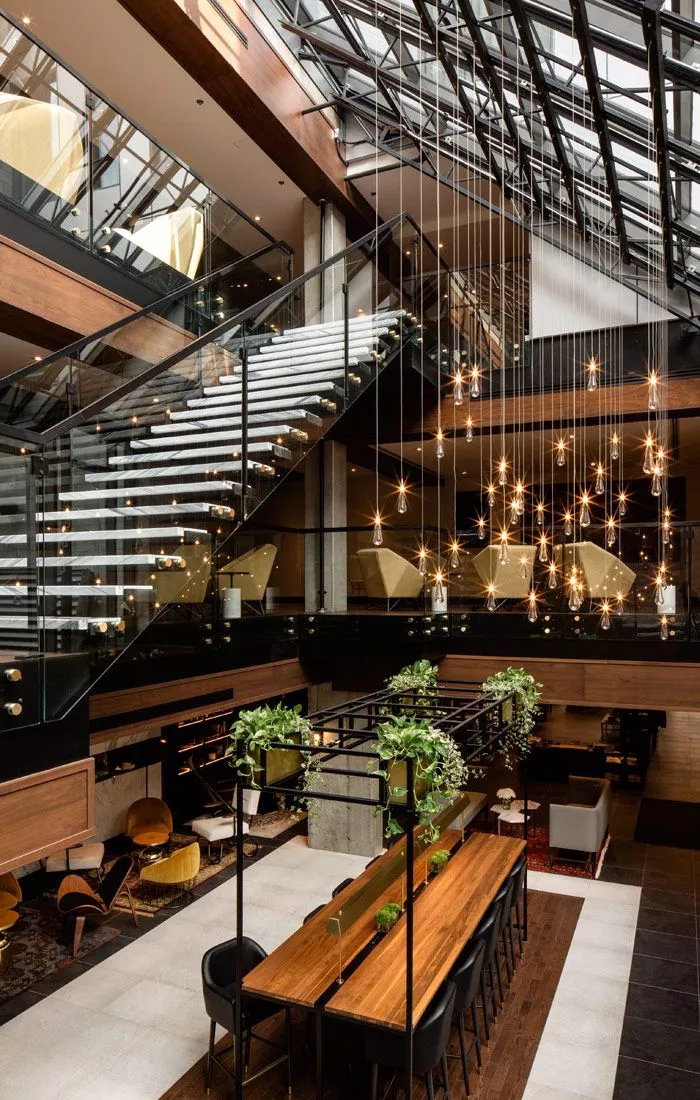 loft style restaurant room with glass ceiling