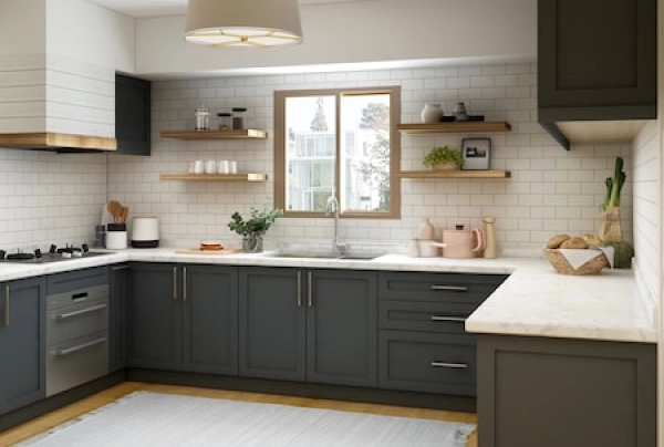 large bright kitchen with gray furniture