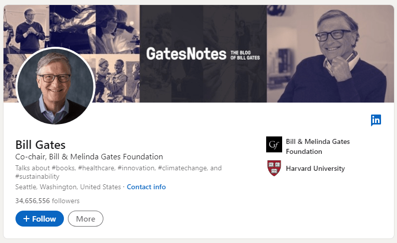 Bill Gates' profile on LinkedIn