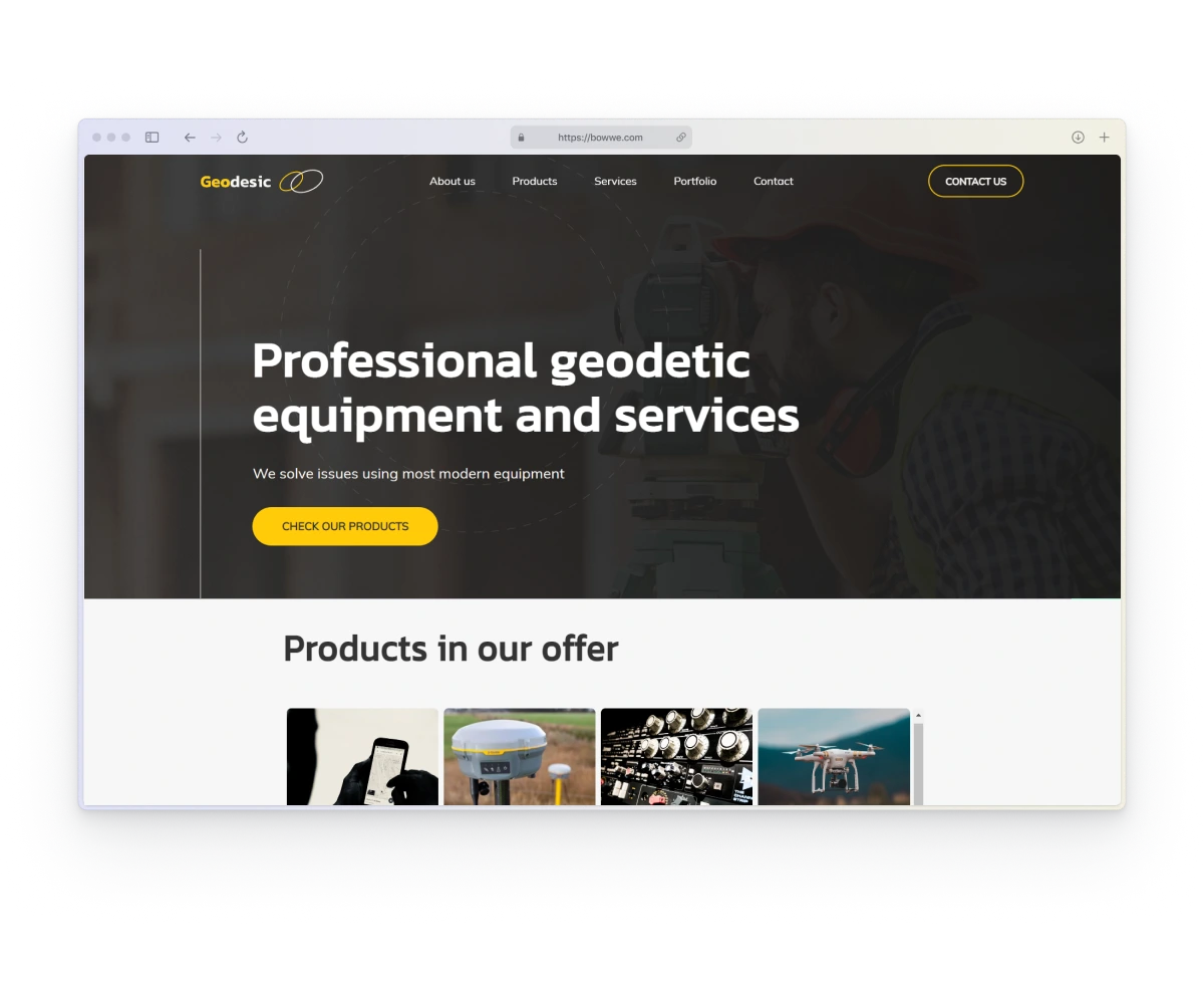 Window browser with website template of geodetic service firm