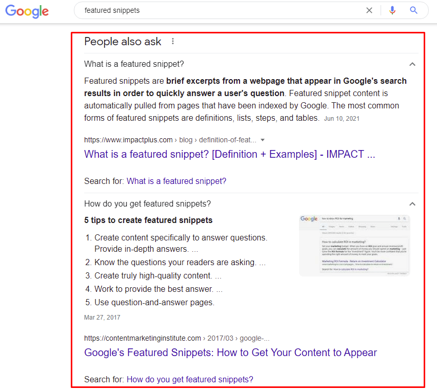 Google search of featured snippets