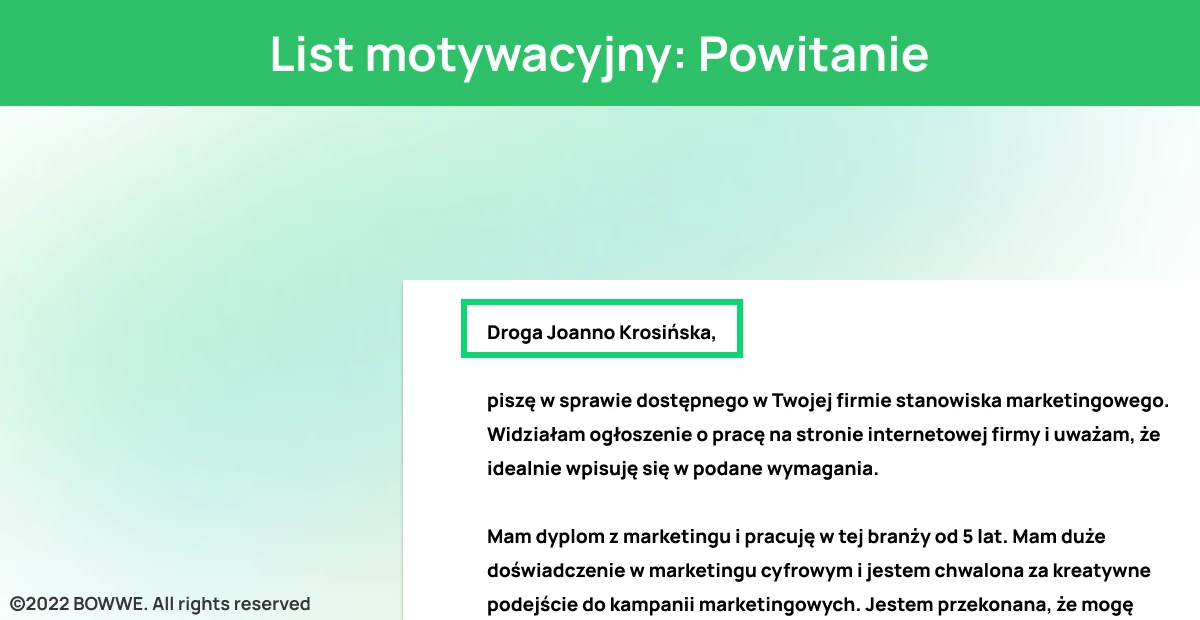 Grafika - List motywacyjny: Powitanie