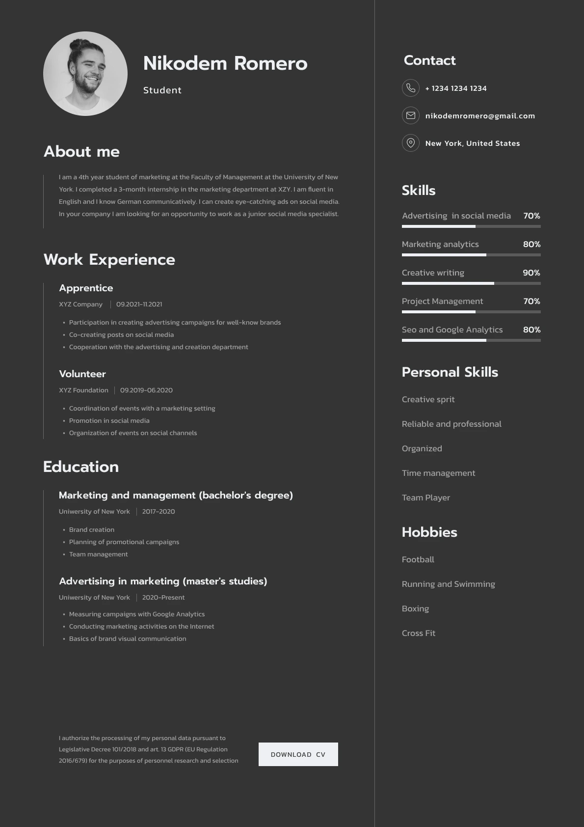 Example INtern CV Template by BOWWE