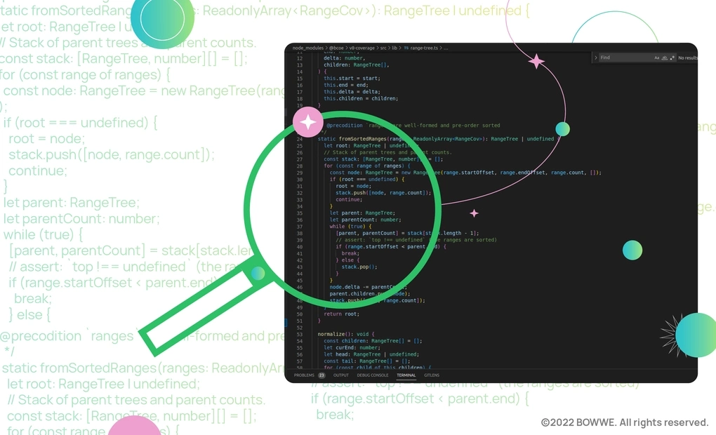 Graphics with the website code in the background with a black browser window with the website code and a green magnifying glass.