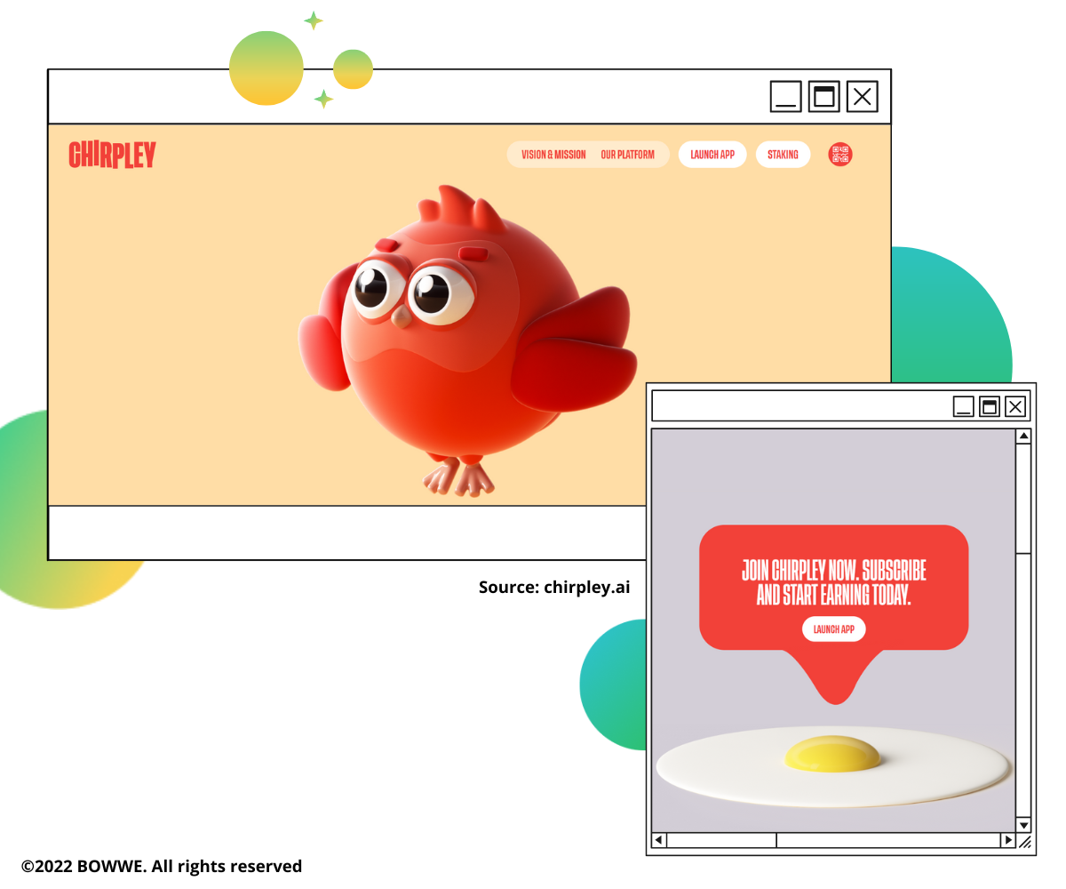 Zrzut ekranu z chirpley.ai przedstawiający grafikę 3D przedstawiającą ptaka i jajko